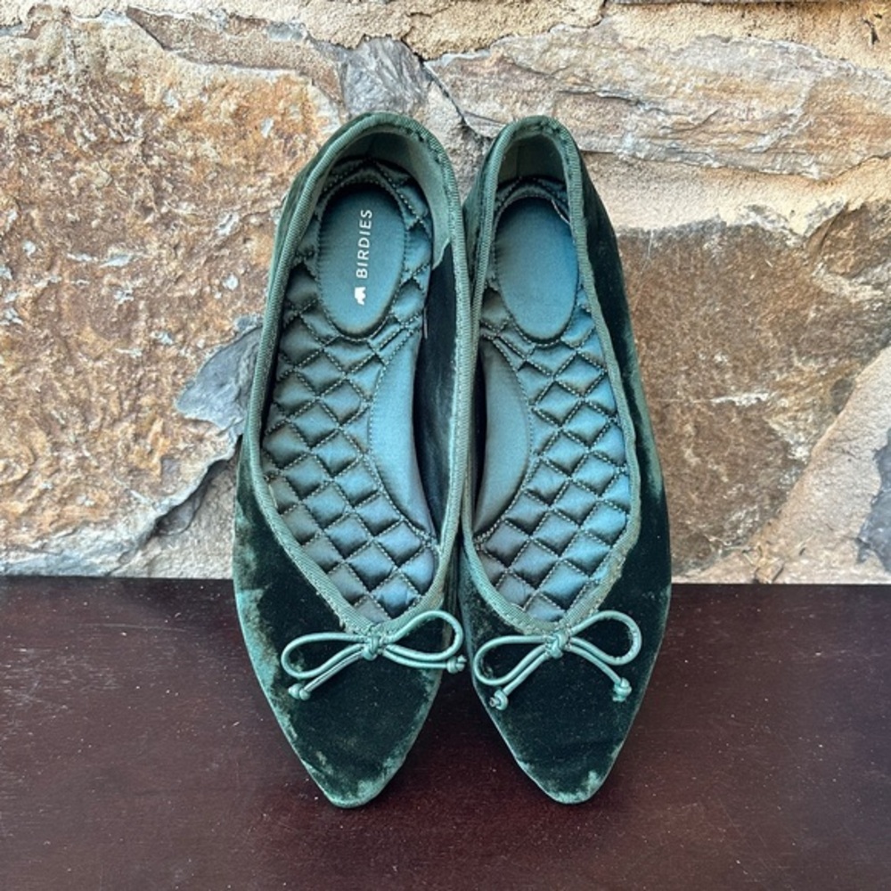 Birdies The Swan Velvet Ballet Flats Green Quilted Comfort Size 5.5